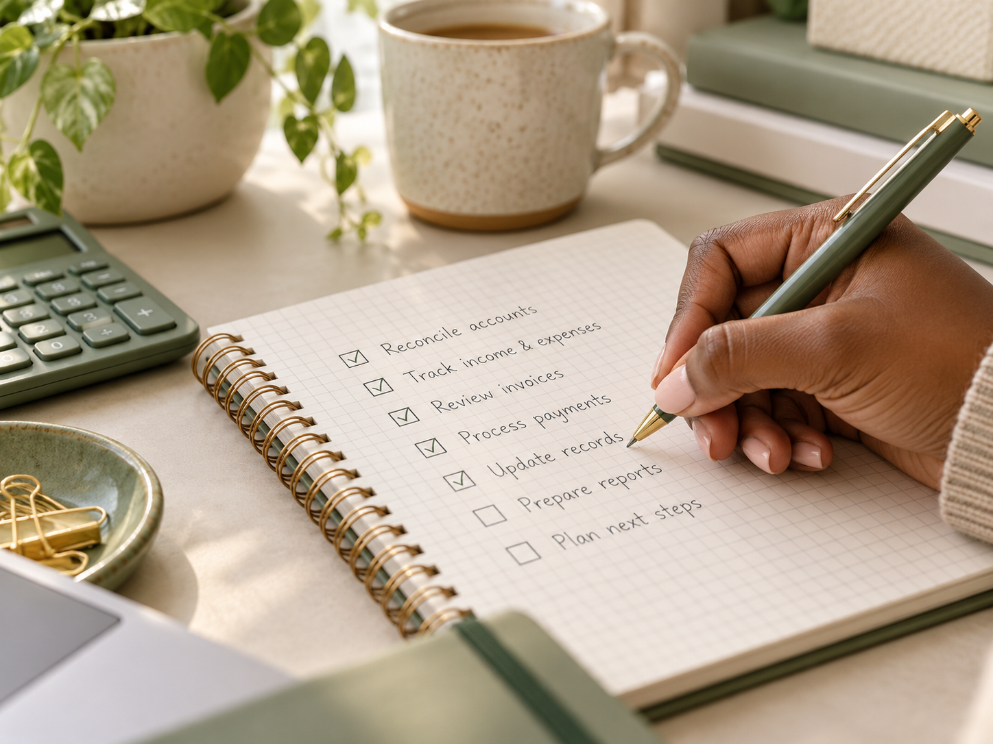 A Black woman’s hand writing a bookkeeping checklist at a bright desk